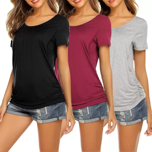 imageEkouaer Womens Nursing Tops for Breastfeeding 3 Pack Maternity Shirts Double Layer Pregnancy Clothes Postpartum Tee Shirt3pcs Black  Wine Red  Grey