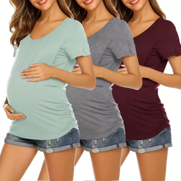 imageEkouaer Womens Nursing Tops for Breastfeeding 3 Pack Maternity Shirts Double Layer Pregnancy Clothes Postpartum Tee Shirt3pcs Burgundy Red  Flecking Grey  Mintgreen