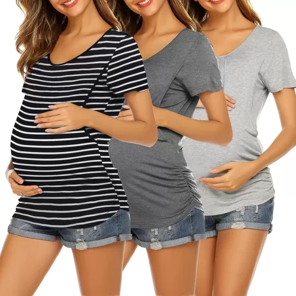 imageEkouaer Womens Nursing Tops for Breastfeeding 3 Pack Maternity Shirts Double Layer Pregnancy Clothes Postpartum Tee Shirt3pcs Flecking Grey  Grey  Black Stripe