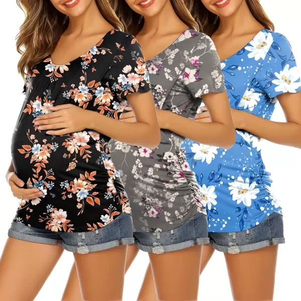 imageEkouaer Womens Nursing Tops for Breastfeeding 3 Pack Maternity Shirts Double Layer Pregnancy Clothes Postpartum Tee Shirt3pcs Floral 2