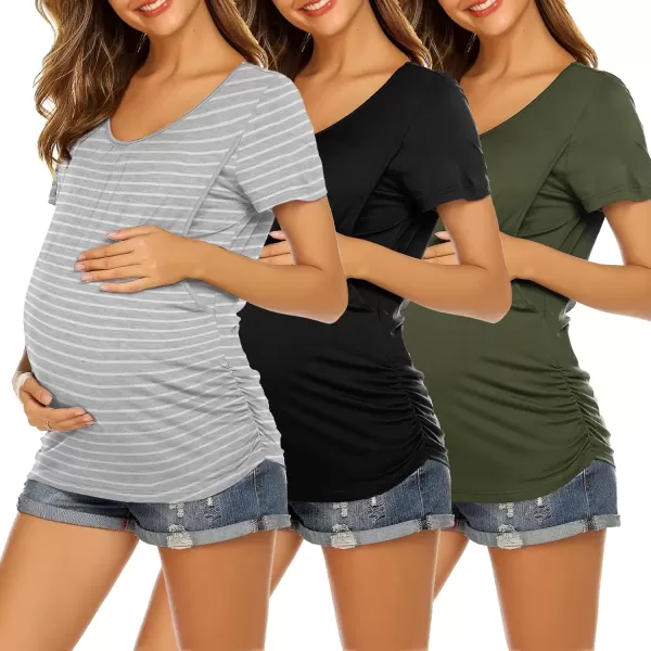 imageEkouaer Womens Nursing Tops for Breastfeeding 3 Pack Maternity Shirts Double Layer Pregnancy Clothes Postpartum Tee Shirt3pcs StripeBlackArmy Green