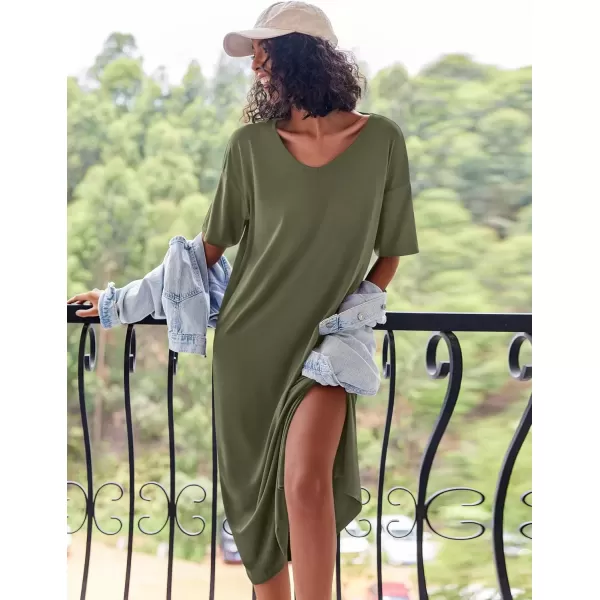 imageEkouaer Long Nightgown for Women Short Sleeve Sleepwear Plus Size Loungewear with Pockets MXXXLArmy Green