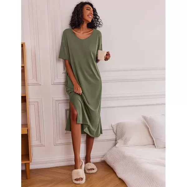 imageEkouaer Long Nightgown for Women Short Sleeve Sleepwear Plus Size Loungewear with Pockets MXXXLArmy Green