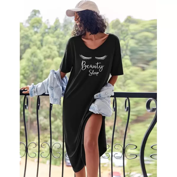 imageEkouaer Long Nightgown for Women Short Sleeve Sleepwear Plus Size Loungewear with Pockets MXXXLBlack Eyelash