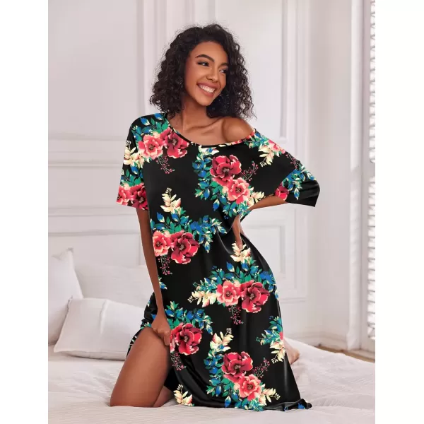 imageEkouaer Long Nightgown for Women Short Sleeve Sleepwear Plus Size Loungewear with Pockets MXXXLBlack Floral