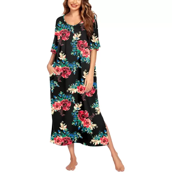 imageEkouaer Long Nightgown for Women Short Sleeve Sleepwear Plus Size Loungewear with Pockets MXXXLBlack Floral