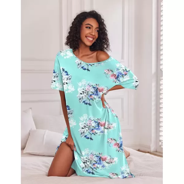 imageEkouaer Long Nightgown for Women Short Sleeve Sleepwear Plus Size Loungewear with Pockets MXXXLBlue Floral