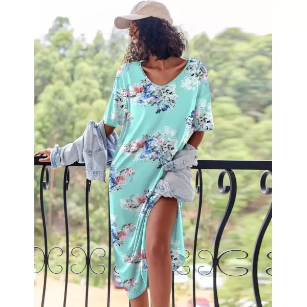 imageEkouaer Long Nightgown for Women Short Sleeve Sleepwear Plus Size Loungewear with Pockets MXXXLBlue Floral