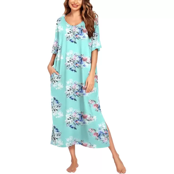 imageEkouaer Long Nightgown for Women Short Sleeve Sleepwear Plus Size Loungewear with Pockets MXXXLBlue Floral