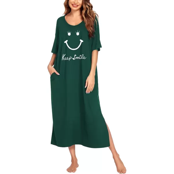 imageEkouaer Long Nightgown for Women Short Sleeve Sleepwear Plus Size Loungewear with Pockets MXXXLDark Green