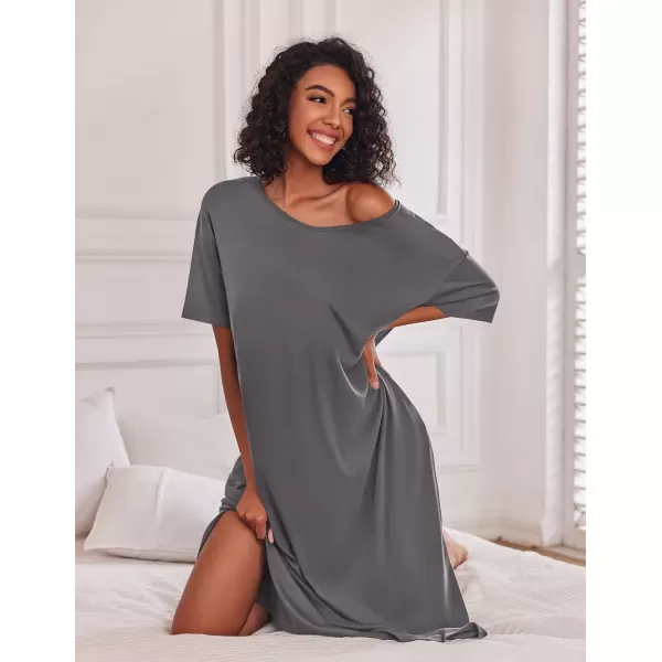 imageEkouaer Long Nightgown for Women Short Sleeve Sleepwear Plus Size Loungewear with Pockets MXXXLDark Grey