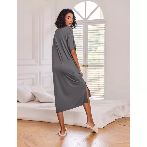 imageEkouaer Long Nightgown for Women Short Sleeve Sleepwear Plus Size Loungewear with Pockets MXXXLDark Grey