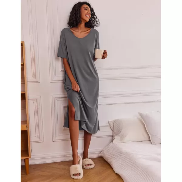 imageEkouaer Long Nightgown for Women Short Sleeve Sleepwear Plus Size Loungewear with Pockets MXXXLDark Grey