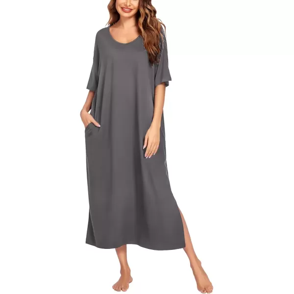 imageEkouaer Long Nightgown for Women Short Sleeve Sleepwear Plus Size Loungewear with Pockets MXXXLDark Grey