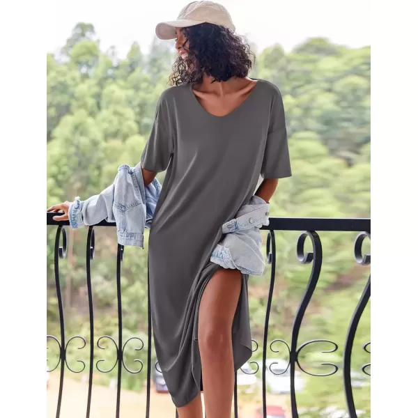 imageEkouaer Long Nightgown for Women Short Sleeve Sleepwear Plus Size Loungewear with Pockets MXXXLDark Grey