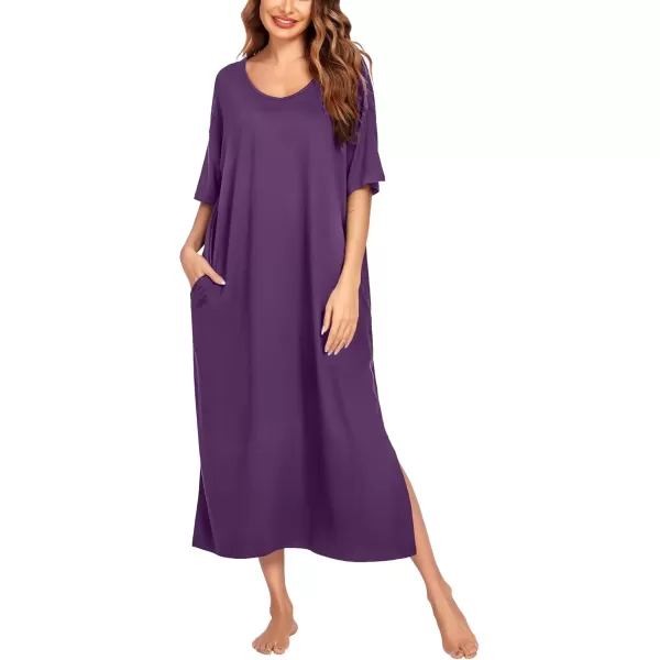 imageEkouaer Long Nightgown for Women Short Sleeve Sleepwear Plus Size Loungewear with Pockets MXXXLDark Purple