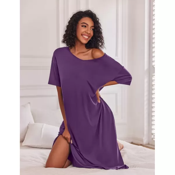 imageEkouaer Long Nightgown for Women Short Sleeve Sleepwear Plus Size Loungewear with Pockets MXXXLDark Purple