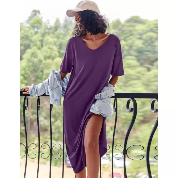 imageEkouaer Long Nightgown for Women Short Sleeve Sleepwear Plus Size Loungewear with Pockets MXXXLDark Purple