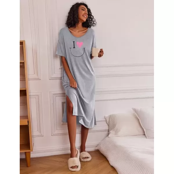 imageEkouaer Long Nightgown for Women Short Sleeve Sleepwear Plus Size Loungewear with Pockets MXXXLGrey