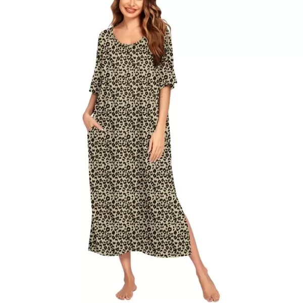 imageEkouaer Long Nightgown for Women Short Sleeve Sleepwear Plus Size Loungewear with Pockets MXXXLLeopard Print