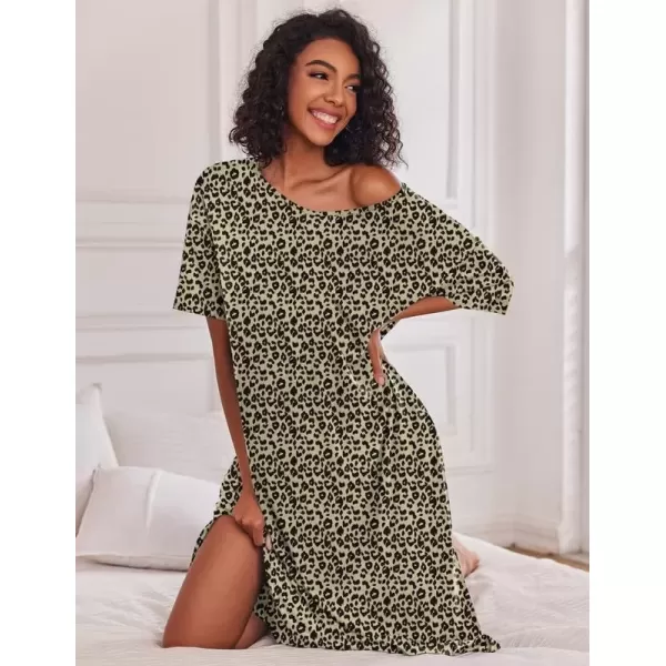 imageEkouaer Long Nightgown for Women Short Sleeve Sleepwear Plus Size Loungewear with Pockets MXXXLLeopard Print