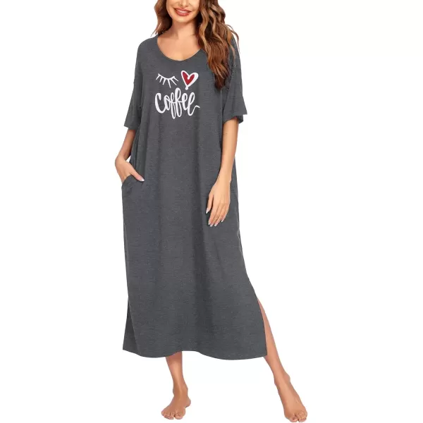 imageEkouaer Long Nightgown for Women Short Sleeve Sleepwear Plus Size Loungewear with Pockets MXXXLMedium Grey