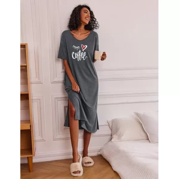 imageEkouaer Long Nightgown for Women Short Sleeve Sleepwear Plus Size Loungewear with Pockets MXXXLMedium Grey