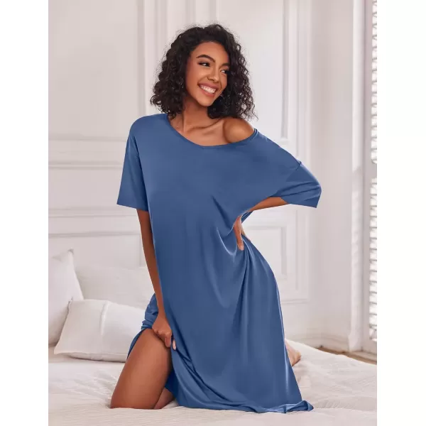 imageEkouaer Long Nightgown for Women Short Sleeve Sleepwear Plus Size Loungewear with Pockets MXXXLNavy