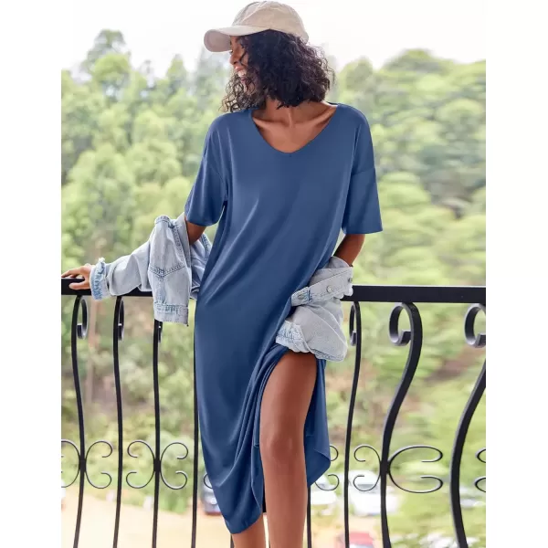 imageEkouaer Long Nightgown for Women Short Sleeve Sleepwear Plus Size Loungewear with Pockets MXXXLNavy