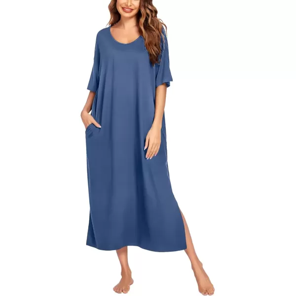 imageEkouaer Long Nightgown for Women Short Sleeve Sleepwear Plus Size Loungewear with Pockets MXXXLNavy