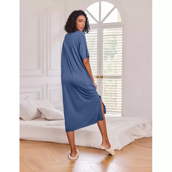 imageEkouaer Long Nightgown for Women Short Sleeve Sleepwear Plus Size Loungewear with Pockets MXXXLNavy