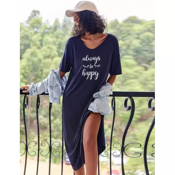 imageEkouaer Long Nightgown for Women Short Sleeve Sleepwear Plus Size Loungewear with Pockets MXXXLNavy Blue Letters