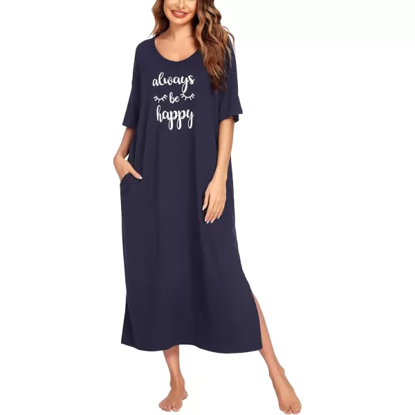 imageEkouaer Long Nightgown for Women Short Sleeve Sleepwear Plus Size Loungewear with Pockets MXXXLNavy Blue Letters