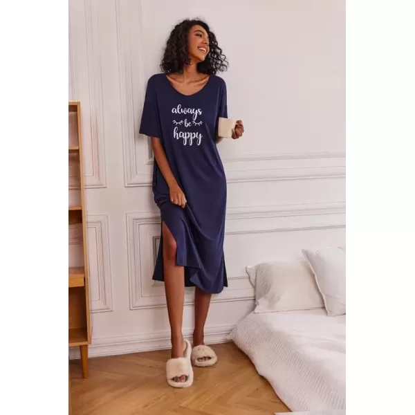 imageEkouaer Long Nightgown for Women Short Sleeve Sleepwear Plus Size Loungewear with Pockets MXXXLNavy Blue Letters