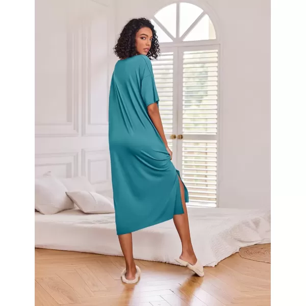 imageEkouaer Long Nightgown for Women Short Sleeve Sleepwear Plus Size Loungewear with Pockets MXXXLPeacock Blue