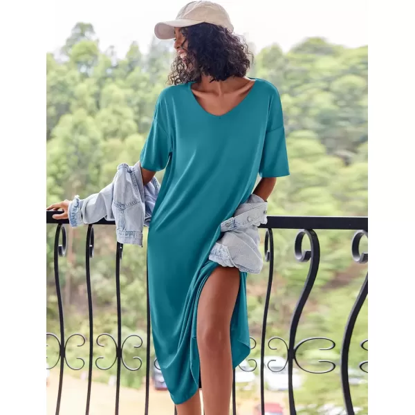 imageEkouaer Long Nightgown for Women Short Sleeve Sleepwear Plus Size Loungewear with Pockets MXXXLPeacock Blue