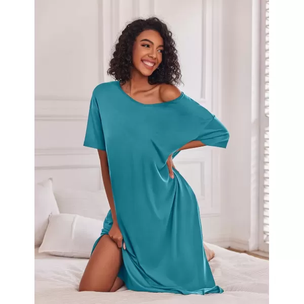 imageEkouaer Long Nightgown for Women Short Sleeve Sleepwear Plus Size Loungewear with Pockets MXXXLPeacock Blue