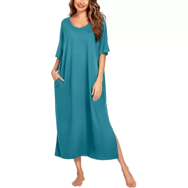 imageEkouaer Long Nightgown for Women Short Sleeve Sleepwear Plus Size Loungewear with Pockets MXXXLPeacock Blue