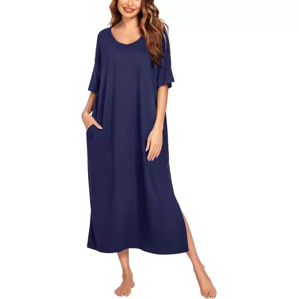 imageEkouaer Long Nightgown for Women Short Sleeve Sleepwear Plus Size Loungewear with Pockets MXXXLPure Navy Blue