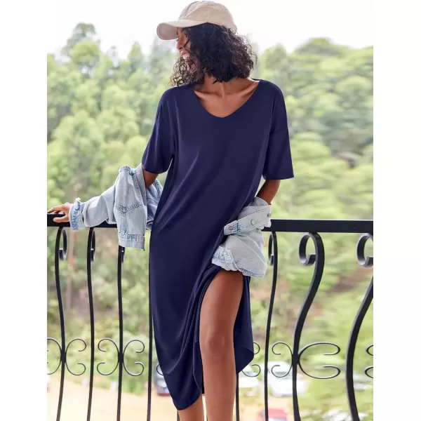 imageEkouaer Long Nightgown for Women Short Sleeve Sleepwear Plus Size Loungewear with Pockets MXXXLPure Navy Blue