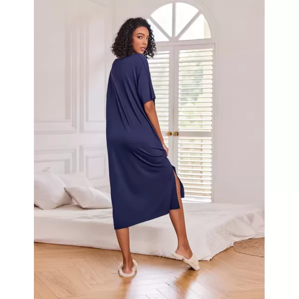 imageEkouaer Long Nightgown for Women Short Sleeve Sleepwear Plus Size Loungewear with Pockets MXXXLPure Navy Blue