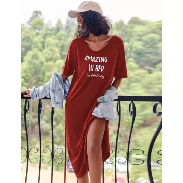 imageEkouaer Long Nightgown for Women Short Sleeve Sleepwear Plus Size Loungewear with Pockets MXXXLRed Letters