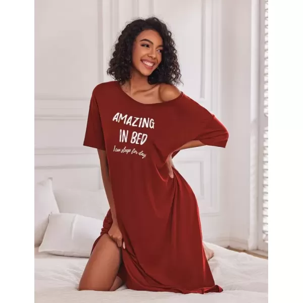 imageEkouaer Long Nightgown for Women Short Sleeve Sleepwear Plus Size Loungewear with Pockets MXXXLRed Letters