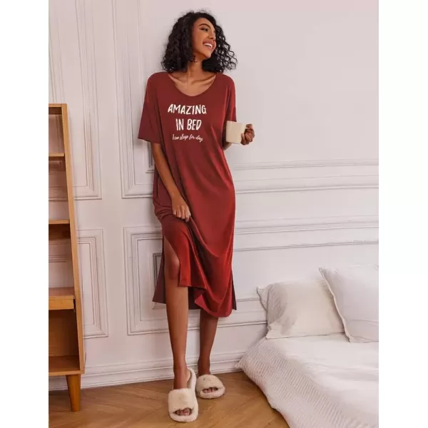 imageEkouaer Long Nightgown for Women Short Sleeve Sleepwear Plus Size Loungewear with Pockets MXXXLRed Letters