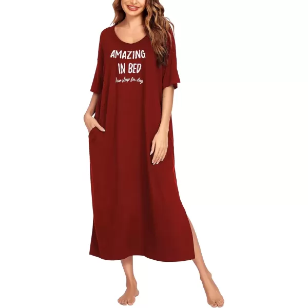 imageEkouaer Long Nightgown for Women Short Sleeve Sleepwear Plus Size Loungewear with Pockets MXXXLRed Letters