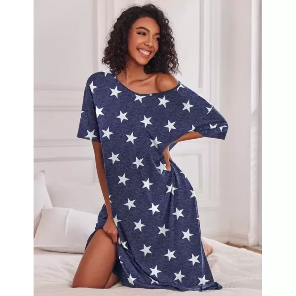 imageEkouaer Long Nightgown for Women Short Sleeve Sleepwear Plus Size Loungewear with Pockets MXXXLStar Print