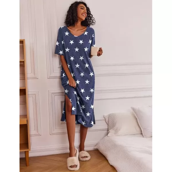 imageEkouaer Long Nightgown for Women Short Sleeve Sleepwear Plus Size Loungewear with Pockets MXXXLStar Print