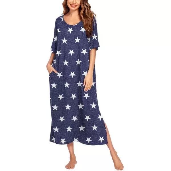 imageEkouaer Long Nightgown for Women Short Sleeve Sleepwear Plus Size Loungewear with Pockets MXXXLStar Print