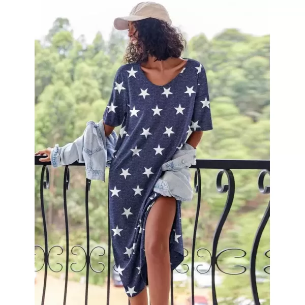 imageEkouaer Long Nightgown for Women Short Sleeve Sleepwear Plus Size Loungewear with Pockets MXXXLStar Print