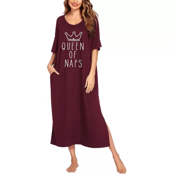 imageEkouaer Long Nightgown for Women Short Sleeve Sleepwear Plus Size Loungewear with Pockets MXXXLWine Red Crown